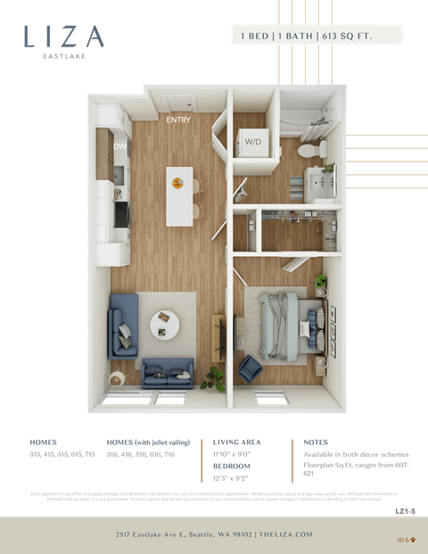 Liza Apartment 3D floor plan - 1x1 613 sqft
